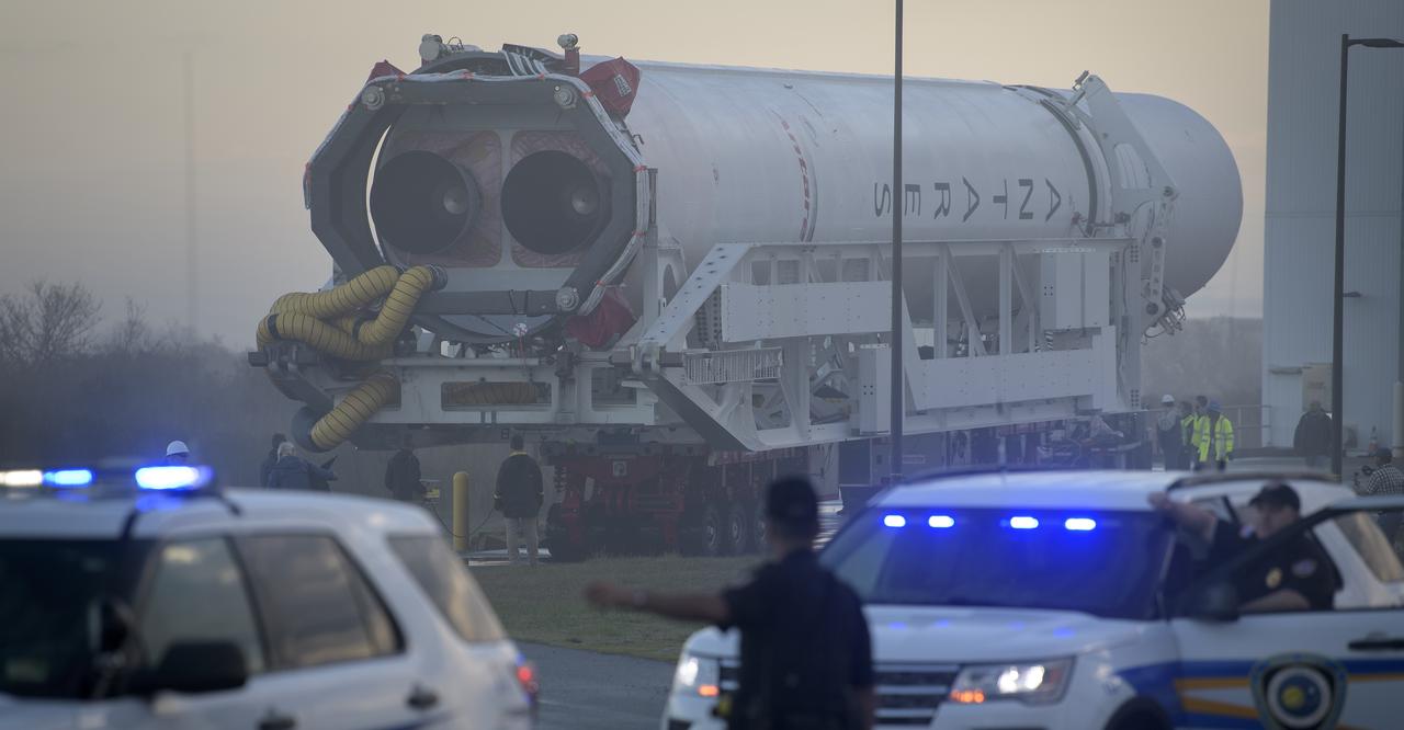 A Northrop Grumman Antares rocket is seen as it rolls out to Pad-0A, Monday, April 15, 2019 at NASA's Wallops Flight Facility in Virginia. Northrop Grumman’s 11th contracted cargo resupply mission with NASA to the International Space Station will deliver about 7,600 pounds of science and research, crew supplies and vehicle hardware to the orbital laboratory and its crew. Photo Credit: (NASA/Bill Ingalls)