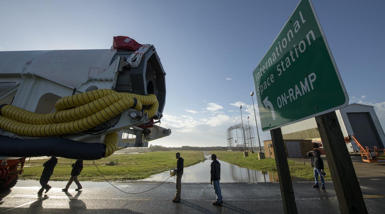 A Northrop Grumman Antares rocket is seen as it rolls out to Pad-0A, Monday, April 15, 2019 at NASA's Wallops Flight Facility in Virginia. Northrop Grumman’s 11th contracted cargo resupply mission with NASA to the International Space Station will deliver about 7,600 pounds of science and research, crew supplies and vehicle hardware to the orbital laboratory and its crew. Photo Credit: (NASA/Bill Ingalls)