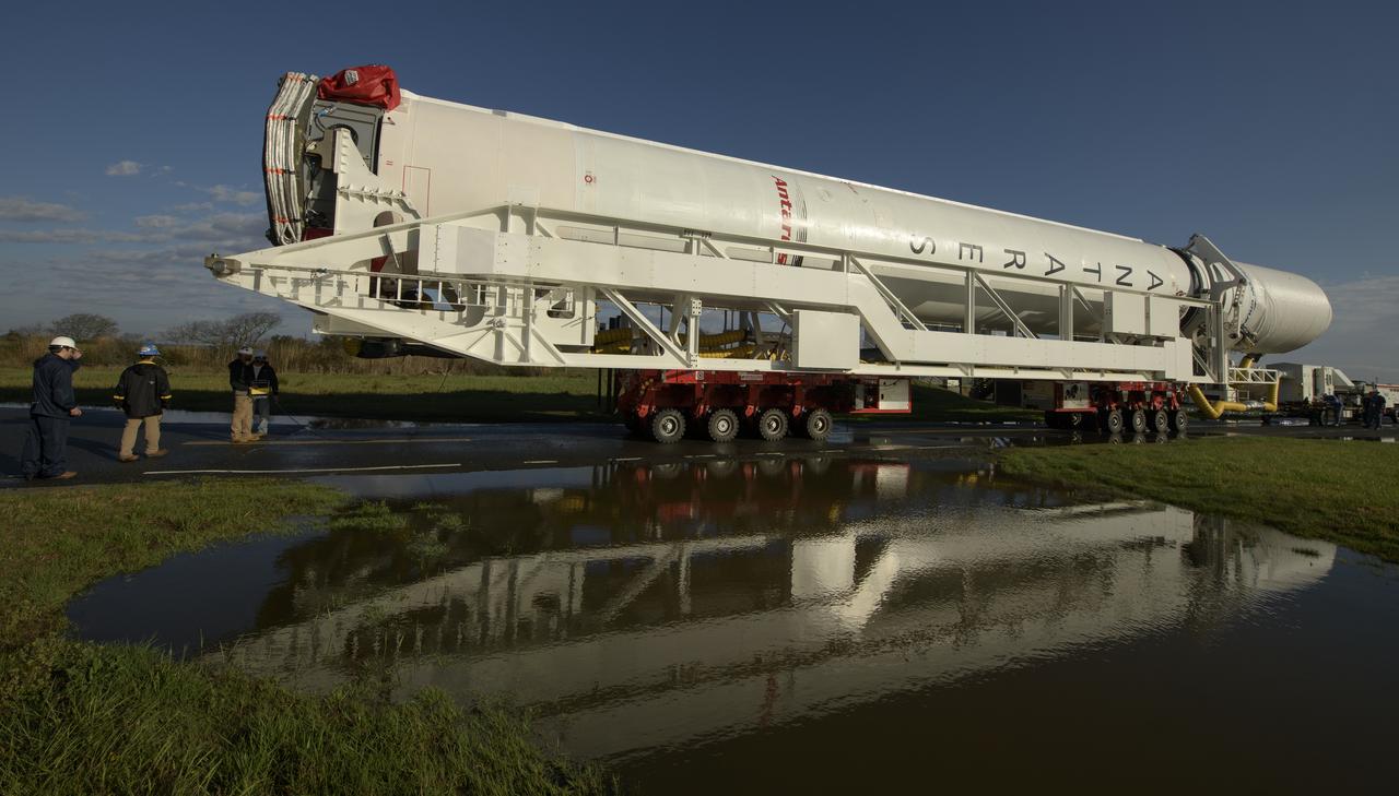 A Northrop Grumman Antares rocket is seen as it rolls out to Pad-0A, Monday, April 15, 2019 at NASA's Wallops Flight Facility in Virginia. Northrop Grumman’s 11th contracted cargo resupply mission with NASA to the International Space Station will deliver about 7,600 pounds of science and research, crew supplies and vehicle hardware to the orbital laboratory and its crew. Photo Credit: (NASA/Bill Ingalls)