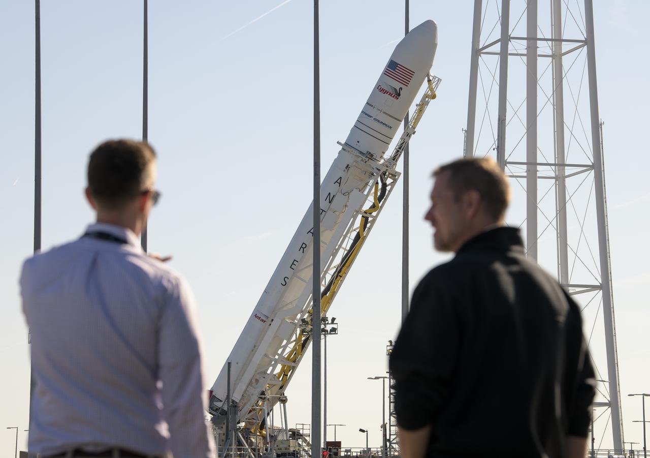 A Northrop Grumman Antares rocket carrying a Cygnus resupply spacecraft is lowered into a horizontal position for final cargo load on Pad-0A, Tuesday, April 16, 2019 at NASA's Wallops Flight Facility in Virginia. Northrop Grumman’s 11th contracted cargo resupply mission with NASA to the International Space Station will deliver about 7,600 pounds of science and research, crew supplies and vehicle hardware to the orbital laboratory and its crew. Photo Credit: (NASA/Bill Ingalls)