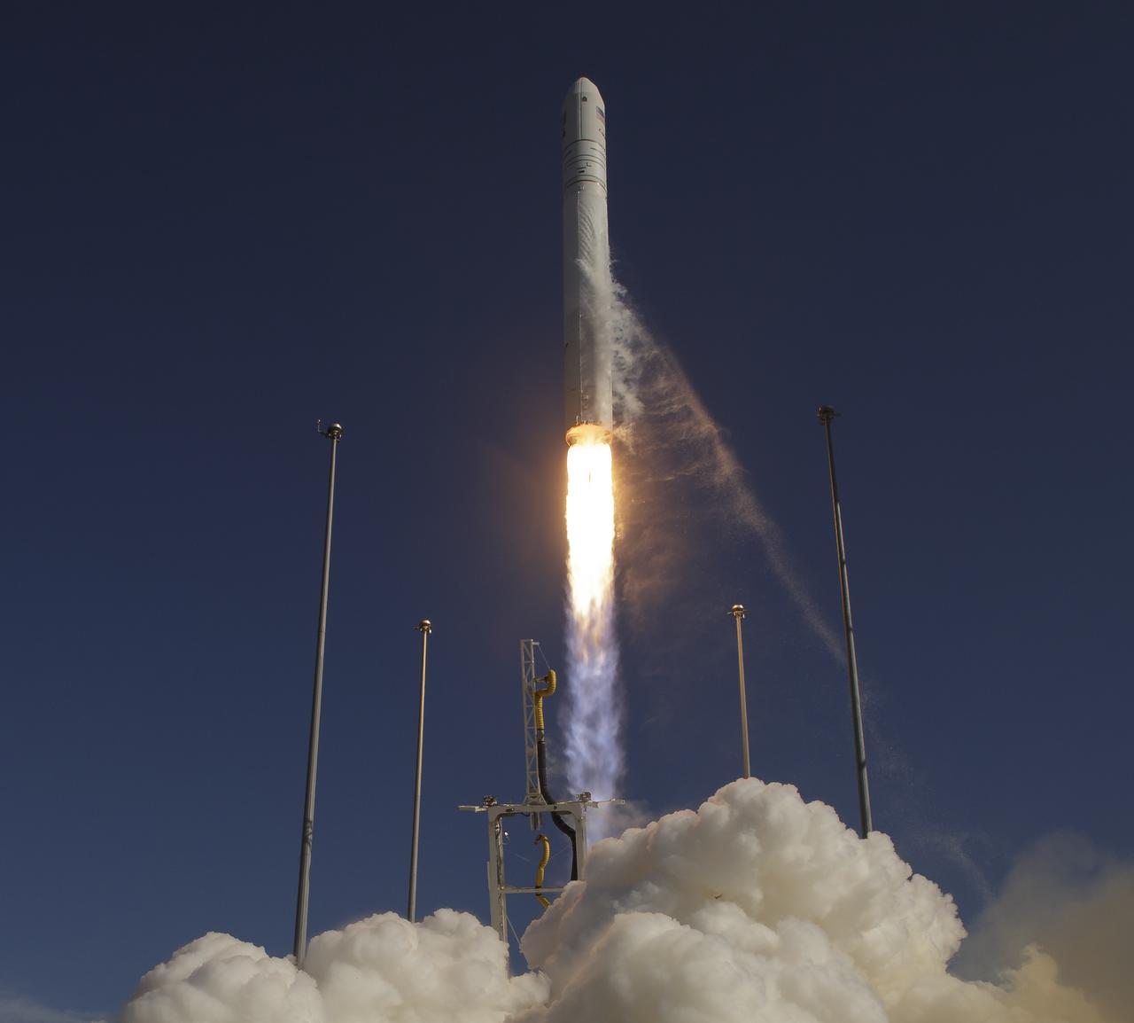 The Northrop Grumman Antares rocket, with Cygnus resupply spacecraft onboard, launches from Pad-0A, Wednesday, April 17, 2019 at NASA's Wallops Flight Facility in Virginia. Northrop Grumman's 11th contracted cargo resupply mission for NASA to the International Space Station will deliver about 7,600 pounds of science and research, crew supplies and vehicle hardware to the orbital laboratory and its crew. Photo Credit: (NASA/Bill Ingalls)