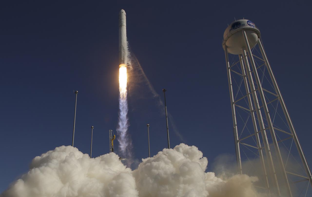 The Northrop Grumman Antares rocket, with Cygnus resupply spacecraft onboard, launches from Pad-0A, Wednesday, April 17, 2019 at NASA's Wallops Flight Facility in Virginia. Northrop Grumman's 11th contracted cargo resupply mission for NASA to the International Space Station will deliver about 7,600 pounds of science and research, crew supplies and vehicle hardware to the orbital laboratory and its crew. Photo Credit: (NASA/Bill Ingalls)