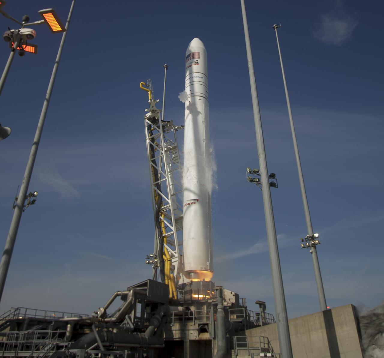 The Northrop Grumman Antares rocket, with Cygnus resupply spacecraft onboard, launches from Pad-0A, Wednesday, April 17, 2019 at NASA's Wallops Flight Facility in Virginia. Northrop Grumman's 11th contracted cargo resupply mission for NASA to the International Space Station will deliver about 7,600 pounds of science and research, crew supplies and vehicle hardware to the orbital laboratory and its crew. Photo Credit: (NASA/Bill Ingalls)