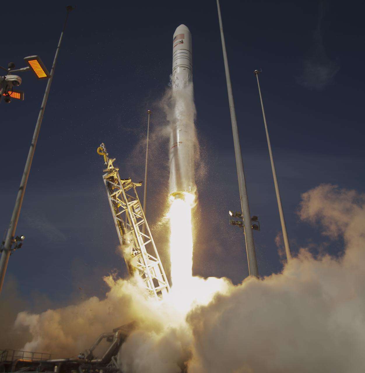 The Northrop Grumman Antares rocket, with Cygnus resupply spacecraft onboard, launches from Pad-0A, Wednesday, April 17, 2019 at NASA's Wallops Flight Facility in Virginia. Northrop Grumman's 11th contracted cargo resupply mission for NASA to the International Space Station will deliver about 7,600 pounds of science and research, crew supplies and vehicle hardware to the orbital laboratory and its crew. Photo Credit: (NASA/Bill Ingalls)