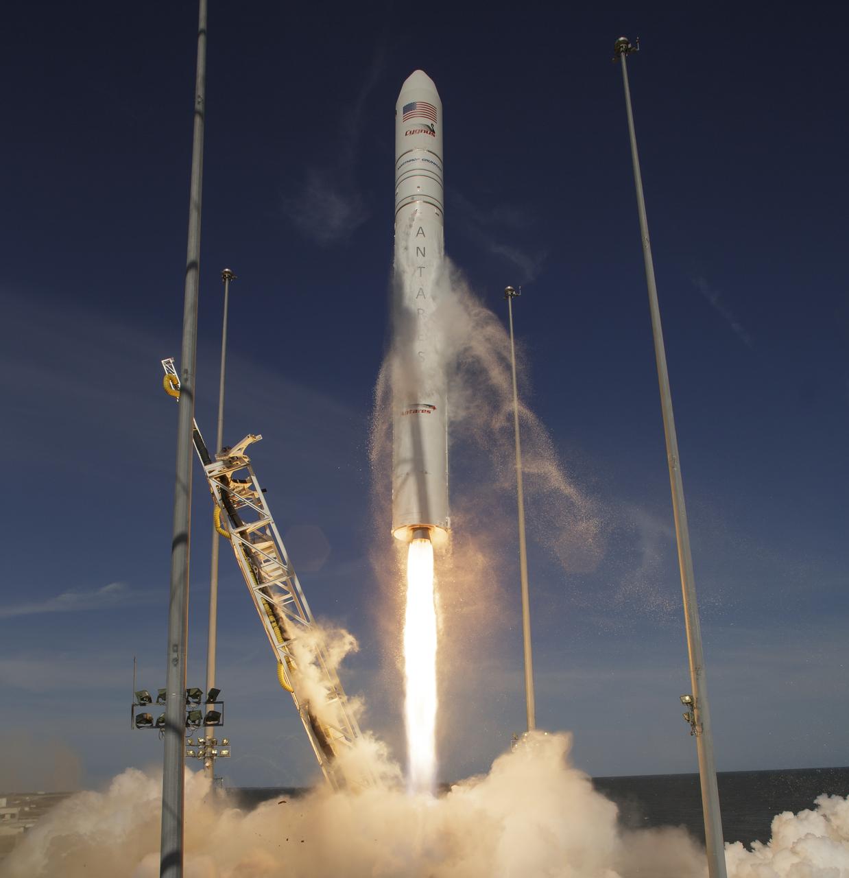 The Northrop Grumman Antares rocket, with Cygnus resupply spacecraft onboard, launches from Pad-0A, Wednesday, April 17, 2019 at NASA's Wallops Flight Facility in Virginia. Northrop Grumman's 11th contracted cargo resupply mission for NASA to the International Space Station will deliver about 7,600 pounds of science and research, crew supplies and vehicle hardware to the orbital laboratory and its crew. Photo Credit: (NASA/Bill Ingalls)