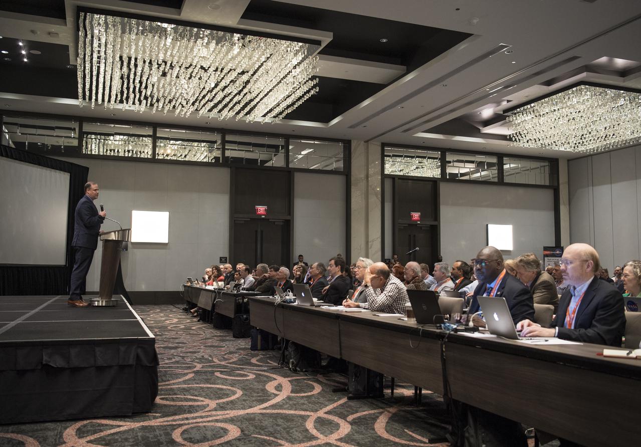 NASA Administrator Jim Bridenstine delivers a keynote speech at the sixth International Academy of Astronautics Planetary Defense Conference, Monday, April 29, 2019 at The Hotel at the University of Maryland in College Park Maryland. The conference brings together experts from around the world to present the latest research on Near-Earth Objects and will highlight the development of the first-ever mission to demonstrate an asteroid defection technique for planetary defense, NASA’s Double Asteroid Redirection Test (DART).  Photo Credit: (NASA/Joel Kowsky)