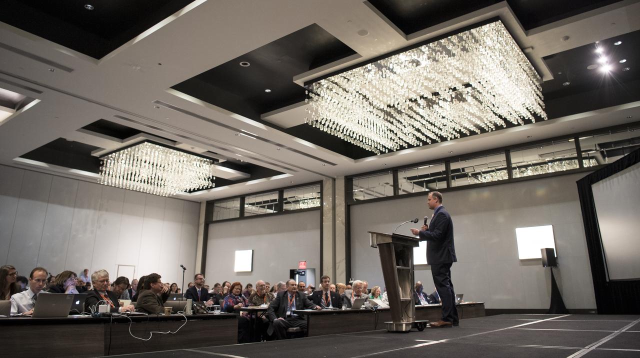 NASA Administrator Jim Bridenstine delivers a keynote speech at the sixth International Academy of Astronautics Planetary Defense Conference, Monday, April 29, 2019 at The Hotel at the University of Maryland in College Park Maryland. The conference brings together experts from around the world to present the latest research on Near-Earth Objects and will highlight the development of the first-ever mission to demonstrate an asteroid defection technique for planetary defense, NASA’s Double Asteroid Redirection Test (DART).  Photo Credit: (NASA/Joel Kowsky)
