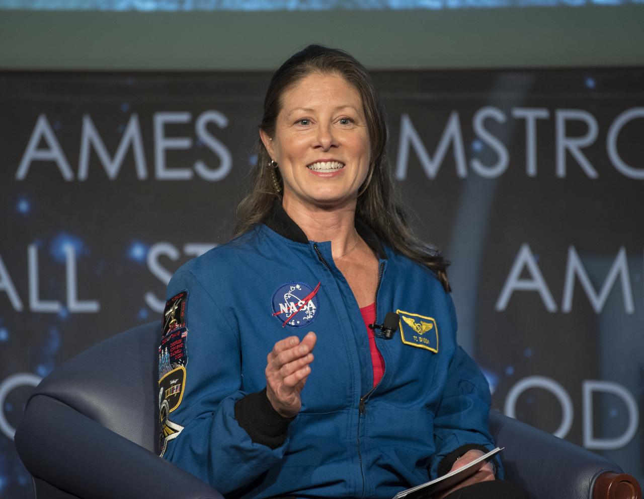 NASA astronaut Tracy Caldwell Dyson, moderates a panel discussion with NASA Administrator Jim Bridenstine, NASA Associate Administrator for the Human Exploration and Operations Mission Directorate, Bill Gerstenmaier, and NASA Deputy Associate Administrator for Exploration, Steve Clarke at the "Future of Space" STEM event, Monday, April 29, 2019 at NASA Headquarters in Washington, where college students were able to ask the panelists questions as well as speak with two astronauts currently on the International Space Station, Nick Hague and Christina Koch. Photo Credit: (NASA/Aubrey Gemignani)