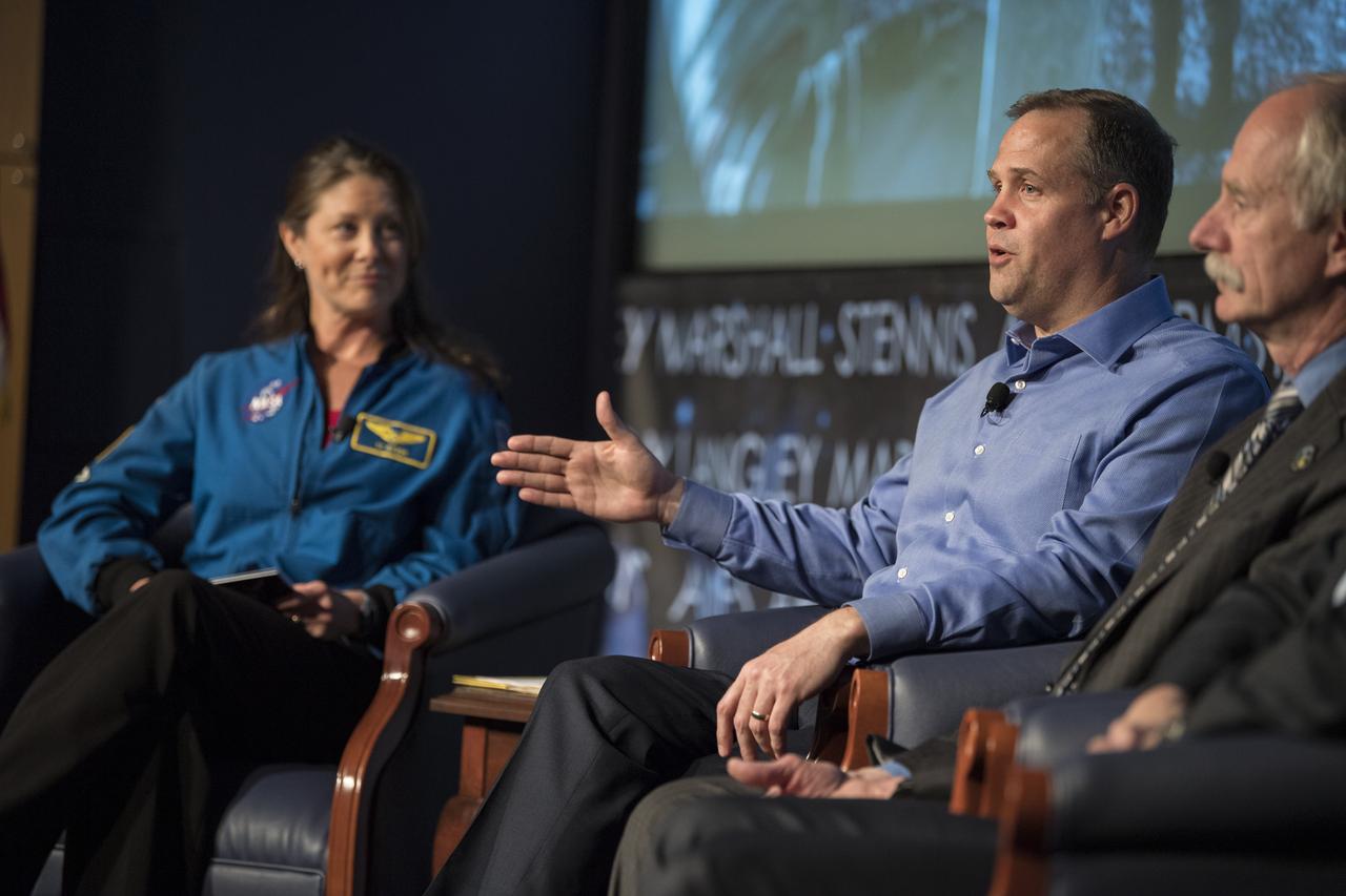 NASA Administrator Jim Bridenstine speaks at the "Future of Space" STEM event, Monday, April 29, 2019 at NASA Headquarters in Washington, where college students were able to ask panelists, Bridenstine, NASA Associate Administrator for the Human Exploration and Operations Mission Directorate, Bill Gerstenmaier, and NASA Deputy Associate Administrator for Exploration, Steve Clarke questions as well as speak with two astronauts currently on the International Space Station, Nick Hague and Christina Koch. NASA astronaut Tracy Caldwell Dyson moderated the panel discussion. Photo Credit: (NASA/Aubrey Gemignani)