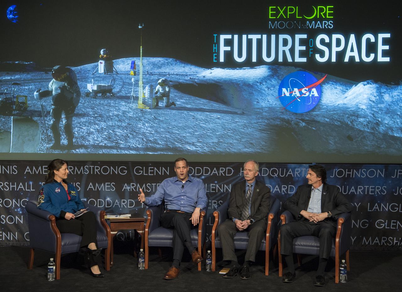 NASA Administrator Jim Bridenstine, second from left, speaks at the "Future of Space" STEM event, Monday, April 29, 2019 at NASA Headquarters in Washington, where college students were able to ask panelists, Bridenstine, NASA Associate Administrator for the Human Exploration and Operations Mission Directorate, Bill Gerstenmaier, second from right, and NASA Deputy Associate Administrator for Exploration, Steve Clarke, right, questions as well as speak with two astronauts currently on the International Space Station, Nick Hague and Christina Koch. NASA astronaut Tracy Caldwell Dyson, left, moderated the panel discussion. Photo Credit: (NASA/Aubrey Gemignani)