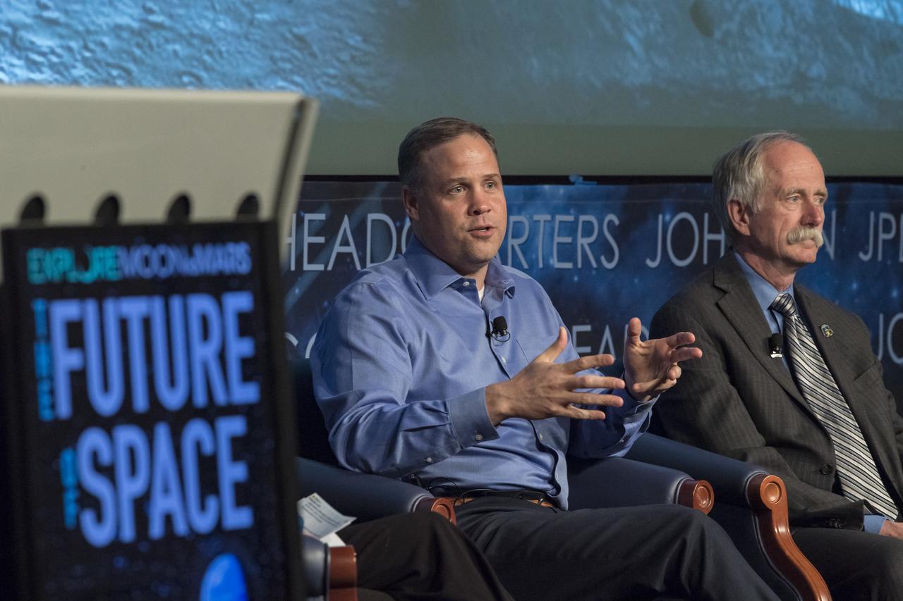 NASA Administrator Jim Bridenstine, left, speaks at the "Future of Space" STEM event, Monday, April 29, 2019 at NASA Headquarters in Washington, where college students were able to ask panelists, Bridenstine, NASA Associate Administrator for the Human Exploration and Operations Mission Directorate, Bill Gerstenmaier, right, and NASA Deputy Associate Administrator for Exploration, Steve Clarke, not pictured, questions as well as speak with two astronauts currently on the International Space Station, Nick Hague and Christina Koch. NASA astronaut Tracy Caldwell Dyson moderated the panel discussion. Photo Credit: (NASA/Aubrey Gemignani)