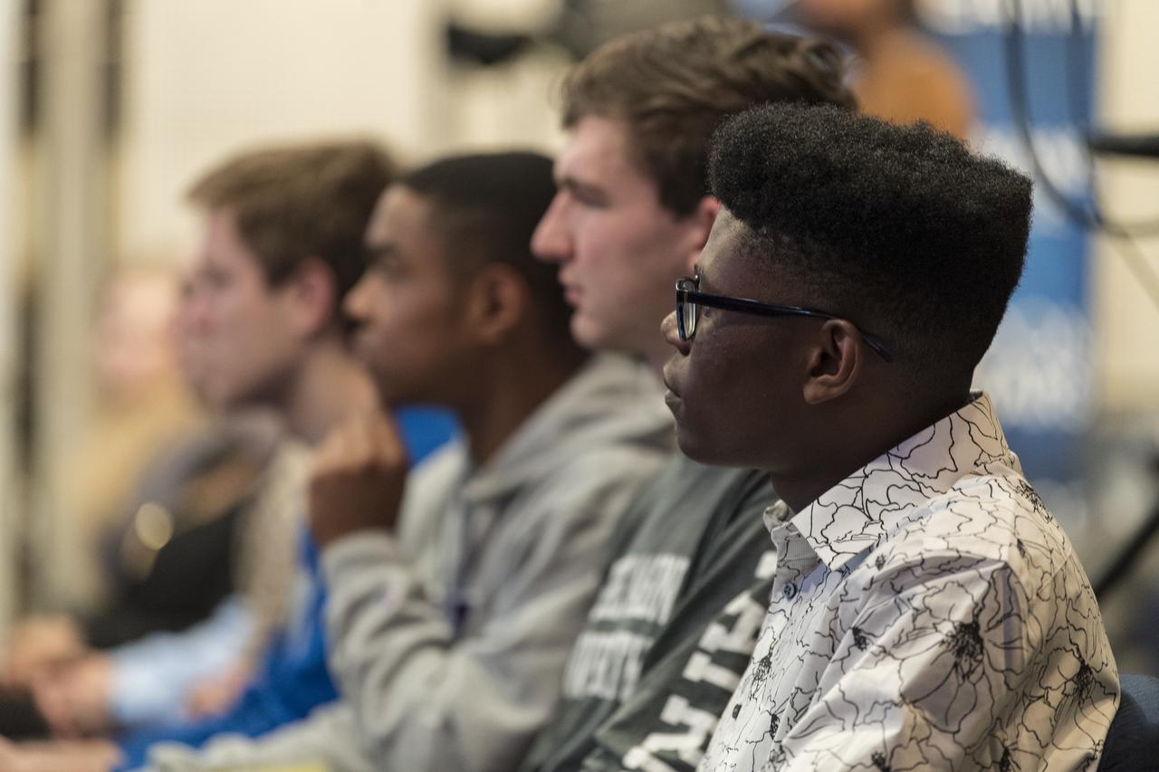 Students are seen in the audience as NASA astronaut Tracy Caldwell Dyson, moderates a panel discussion with NASA Administrator Jim Bridenstine, NASA Associate Administrator for the Human Exploration and Operations Mission Directorate, Bill Gerstenmaier, and NASA Deputy Associate Administrator for Exploration, Steve Clarke at the "Future of Space" STEM event, Monday, April 29, 2019 at NASA Headquarters in Washington. The students were able to ask the panelists questions as well as speak with two astronauts currently on the International Space Station, Nick Hague and Christina Koch. Photo Credit: (NASA/Aubrey Gemignani)