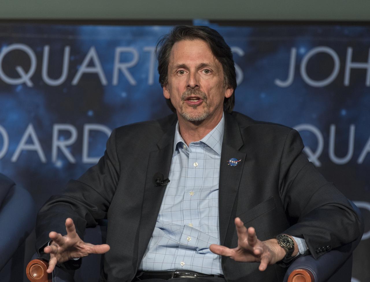 NASA Deputy Associate Administrator for Exploration, Steve Clarke speaks at the "Future of Space" STEM event, Monday, April 29, 2019 at NASA Headquarters in Washington, where college students were able to ask panelists, Clarke, NASA Administrator Jim Bridenstine, and NASA Associate Administrator for the Human Exploration and Operations Mission Directorate, Bill Gerstenmaier questions as well as speak with two astronauts currently on the International Space Station, Nick Hague and Christina Koch. NASA astronaut Tracy Caldwell Dyson moderated the panel discussion. Photo Credit: (NASA/Aubrey Gemignani)