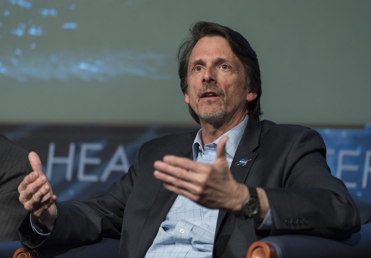 NASA Deputy Associate Administrator for Exploration, Steve Clarke speaks at the "Future of Space" STEM event, Monday, April 29, 2019 at NASA Headquarters in Washington, where college students were able to ask panelists, Clarke, NASA Administrator Jim Bridenstine, and NASA Associate Administrator for the Human Exploration and Operations Mission Directorate, Bill Gerstenmaier questions as well as speak with two astronauts currently on the International Space Station, Nick Hague and Christina Koch. NASA astronaut Tracy Caldwell Dyson moderated the panel discussion. Photo Credit: (NASA/Aubrey Gemignani)