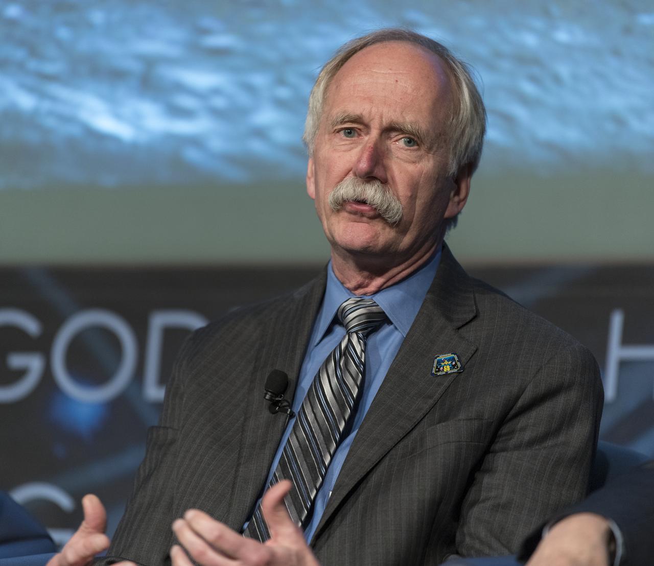 NASA Associate Administrator for the Human Exploration and Operations Mission Directorate, Bill Gerstenmaier speaks at the "Future of Space" STEM event, Monday, April 29, 2019 at NASA Headquarters in Washington, where college students were able to ask panelists, Gerstenmaier, NASA Administrator Jim Bridenstine, and  NASA Deputy Associate Administrator for Exploration, Steve Clarke questions as well as speak with two astronauts currently on the International Space Station, Nick Hague and Christina Koch. NASA astronaut Tracy Caldwell Dyson moderated the panel discussion. Photo Credit: (NASA/Aubrey Gemignani)
