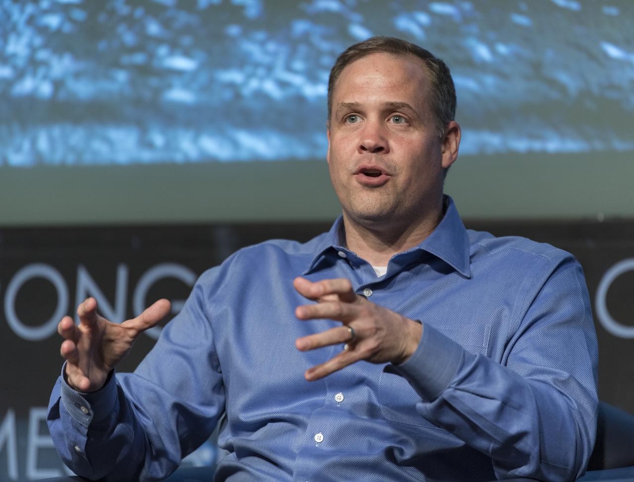 NASA Administrator Jim Bridenstine speaks at the "Future of Space" STEM event, Monday, April 29, 2019 at NASA Headquarters in Washington, where college students were able to ask panelists, Bridenstine, NASA Associate Administrator for the Human Exploration and Operations Mission Directorate, Bill Gerstenmaier, and NASA Deputy Associate Administrator for Exploration, Steve Clarke questions as well as speak with two astronauts currently on the International Space Station, Nick Hague and Christina Koch. NASA astronaut Tracy Caldwell Dyson moderated the panel discussion. Photo Credit: (NASA/Aubrey Gemignani)