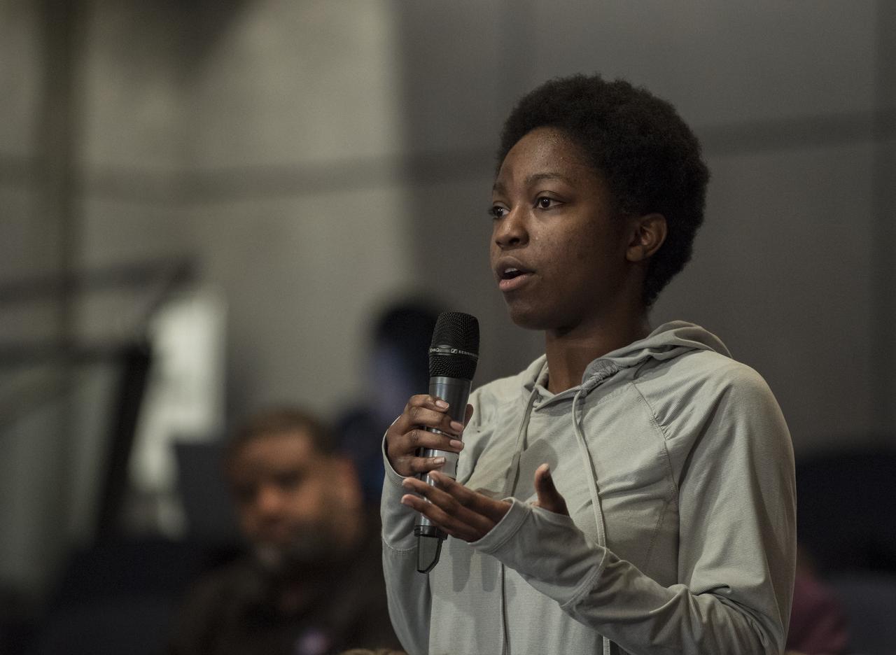 A student asks a questions during a panel discussion with NASA Administrator Jim Bridenstine, NASA Associate Administrator for the Human Exploration and Operations Mission Directorate, Bill Gerstenmaier, and NASA Deputy Associate Administrator for Exploration, Steve Clarke at the "Future of Space" STEM event, Monday, April 29, 2019 at NASA Headquarters in Washington. NASA astronaut Tracy Caldwell Dyson moderated the discussion. Photo Credit: (NASA/Aubrey Gemignani)