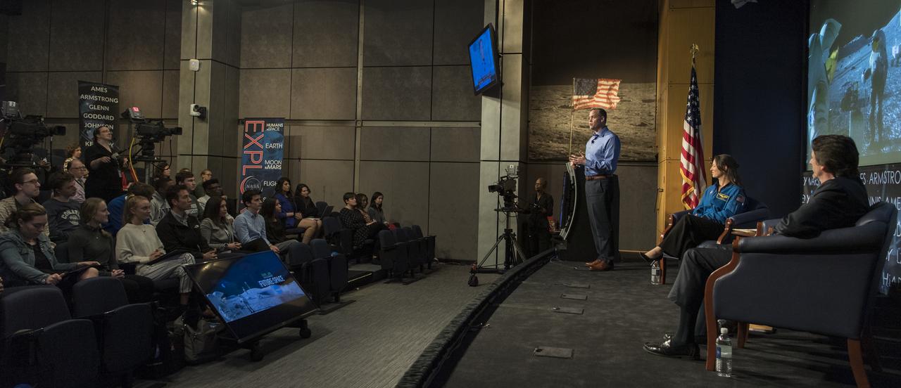 NASA Administrator Jim Bridenstine speaks at the "Future of Space" STEM event, Monday, April 29, 2019 at NASA Headquarters in Washington, where college students were able to ask panelists, Bridenstine, NASA Associate Administrator for the Human Exploration and Operations Mission Directorate, Bill Gerstenmaier, and NASA Deputy Associate Administrator for Exploration, Steve Clarke, questions as well as speak with two astronauts currently on the International Space Station, Nick Hague and Christina Koch. NASA astronaut Tracy Caldwell Dyson moderated the panel discussion. Photo Credit: (NASA/Aubrey Gemignani)