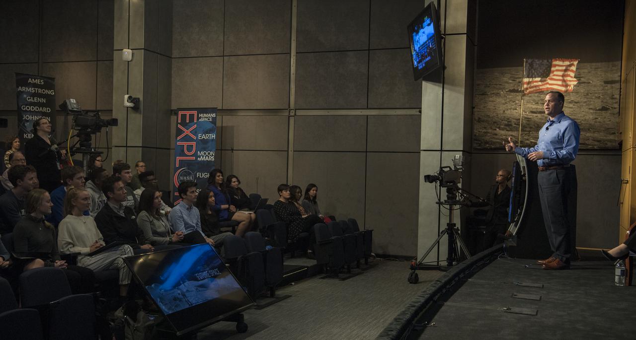 NASA Administrator Jim Bridenstine speaks at the "Future of Space" STEM event, Monday, April 29, 2019 at NASA Headquarters in Washington, where college students were able to ask panelists, Bridenstine, NASA Associate Administrator for the Human Exploration and Operations Mission Directorate, Bill Gerstenmaier, and NASA Deputy Associate Administrator for Exploration, Steve Clarke, questions as well as speak with two astronauts currently on the International Space Station, Nick Hague and Christina Koch. NASA astronaut Tracy Caldwell Dyson moderated the panel discussion. Photo Credit: (NASA/Aubrey Gemignani)