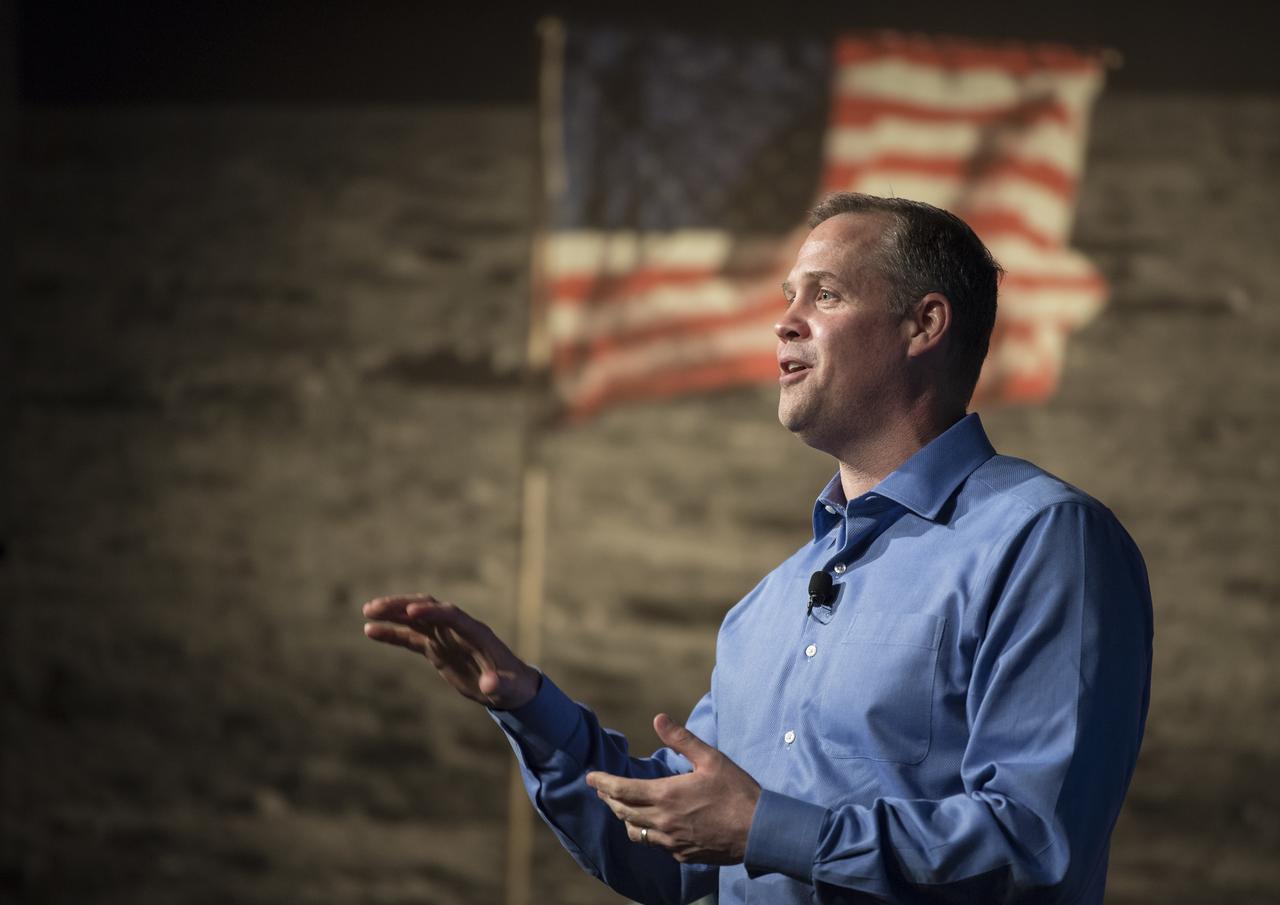 NASA Administrator Jim Bridenstine speaks at the "Future of Space" STEM event, Monday, April 29, 2019 at NASA Headquarters in Washington, where college students were able to ask panelists, Bridenstine, NASA Associate Administrator for the Human Exploration and Operations Mission Directorate, Bill Gerstenmaier, and NASA Deputy Associate Administrator for Exploration, Steve Clarke, questions as well as speak with two astronauts currently on the International Space Station, Nick Hague and Christina Koch. NASA astronaut Tracy Caldwell Dyson moderated the panel discussion. Photo Credit: (NASA/Aubrey Gemignani)