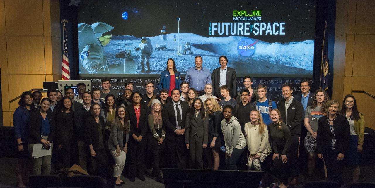 NASA Administrator Jim Bridenstine poses for a photo with college students after the "Future of Space" STEM event, Monday, April 29, 2019 at NASA Headquarters in Washington, where they were able to ask panelists, Bridenstine, NASA Associate Administrator for the Human Exploration and Operations Mission Directorate, Bill Gerstenmaier, and NASA Deputy Associate Administrator for Exploration, Steve Clarke, questions as well as speak with two astronauts currently on the International Space Station, Nick Hague and Christina Koch. NASA astronaut Tracy Caldwell Dyson moderated the panel discussion. Photo Credit: (NASA/Aubrey Gemignani)