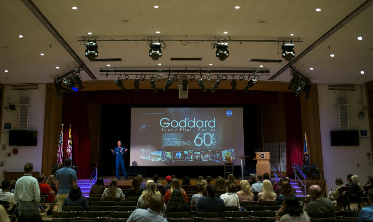 NASA astronaut Ricky Arnold answers questions from the audience after speaking about his time onboard the International Space Station, Thursday, May 2, 2019 at NASA’s Goddard Space Flight Center in Greenbelt, Md. During Arnold’s 197 days onboard the International Space Station, as part of Expeditions 55 and 56, he ventured outside the space station on three spacewalks in addition to conducting numerous experiments and educational downlink events. Photo Credit: (NASA/Joel Kowsky)