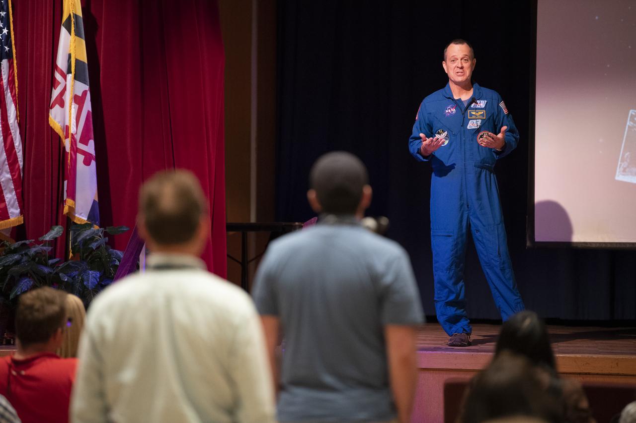 NASA astronaut Ricky Arnold answers questions from the audience after speaking about his time onboard the International Space Station, Thursday, May 2, 2019 at NASA’s Goddard Space Flight Center in Greenbelt, Md. During Arnold’s 197 days onboard the International Space Station, as part of Expeditions 55 and 56, he ventured outside the space station on three spacewalks in addition to conducting numerous experiments and educational downlink events. Photo Credit: (NASA/Joel Kowsky)