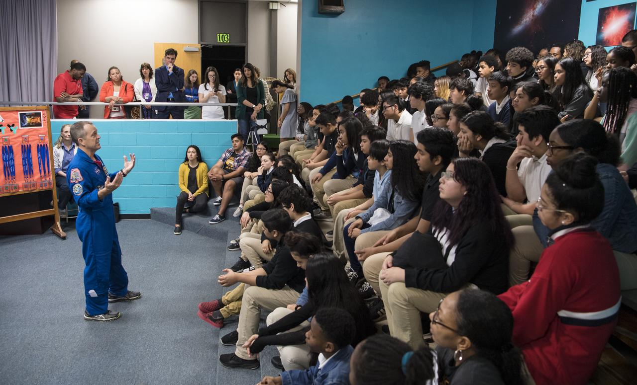 NASA astronaut Ricky Arnold speaks about his time onboard the International Space Station (ISS) during Expeditions 55 and 56, Friday, May 3, 2019 at the Challenger Center in Lanham, MD. During Expedition 55/56, Arnold completed three spacewalks for a total of 19.5 hours outside the space station, and concluded his 197 day mission when he landed in a remote area near the town of Zhezkazgan, Kazakhstan in Oct. 2018. He also flew to the space station on shuttle mission STS-119 to deliver the final pair of power-generating solar array wings. Photo Credit: (NASA/Aubrey Gemignani)