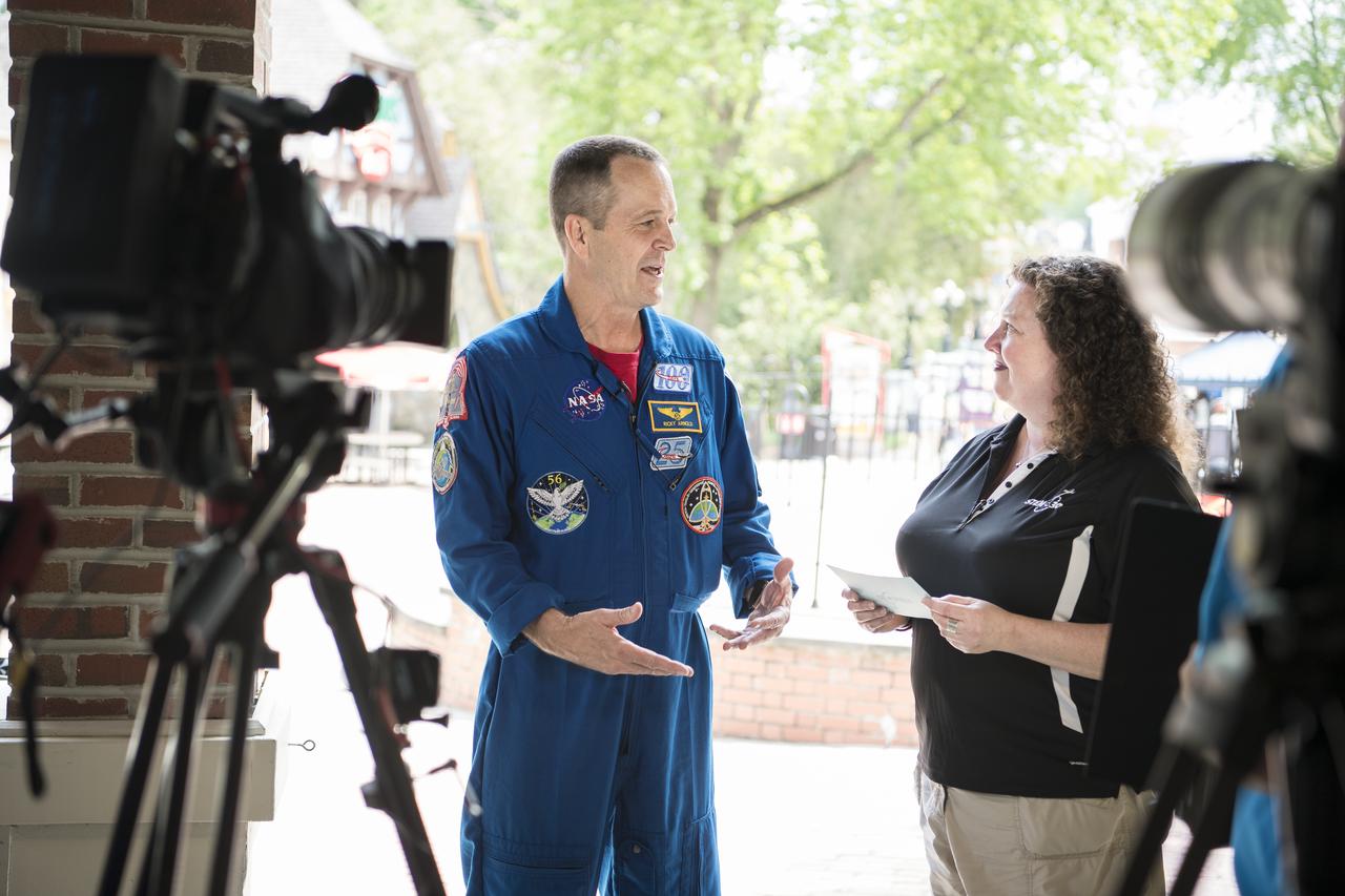 NASA astronaut Ricky Arnold is interviewed for a Smithsonian National Air and Space Museum production of Stem in 30, Friday, May 3, 2019 at Six Flags America theme park in Upper Marlboro, MD. During Expedition 55/56, Arnold completed three spacewalks for a total of 19.5 hours outside the space station, and concluded his 197 day mission when he landed in a remote area near the town of Zhezkazgan, Kazakhstan in Oct. 2018. He also flew to the space station on shuttle mission STS-119 to deliver the final pair of power-generating solar array wings. Photo Credit: (NASA/Aubrey Gemignani)