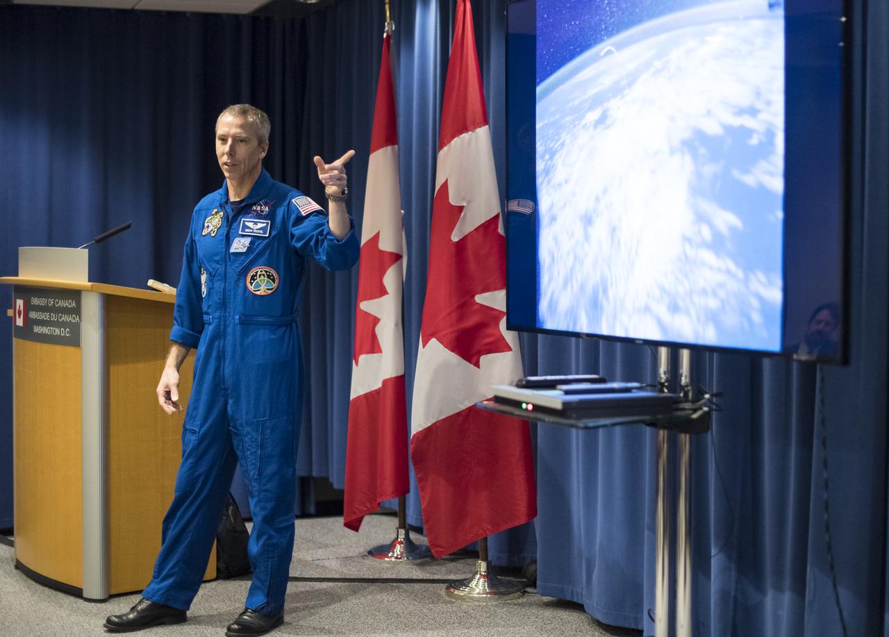 NASA astronaut Drew Feustel speaks about his experience on two shuttle missions, STS-125 and STS-134, as well as Expeditions 55 and 56 on the International Space Station, at the Embassy of Canada, Monday, May 6, 2019 in Washington. Photo Credit: (NASA/Aubrey Gemignani)