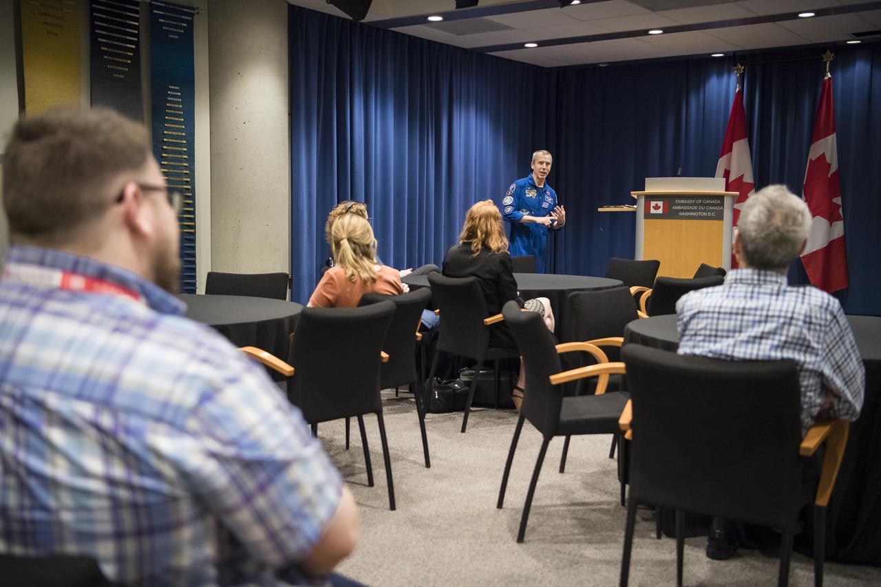 NASA astronaut Drew Feustel speaks about his experience on two shuttle missions, STS-125 and STS-134, as well as Expeditions 55 and 56 on the International Space Station, at the Embassy of Canada, Monday, May 6, 2019 in Washington. Photo Credit: (NASA/Aubrey Gemignani)