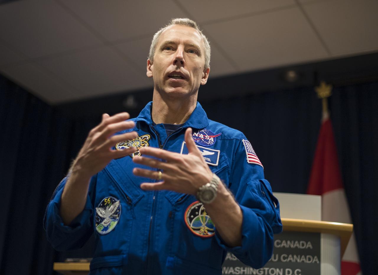 NASA astronaut Drew Feustel speaks about his experience on two shuttle missions, STS-125 and STS-134, as well as Expeditions 55 and 56 on the International Space Station, at the Embassy of Canada, Monday, May 6, 2019 in Washington. Photo Credit: (NASA/Aubrey Gemignani)
