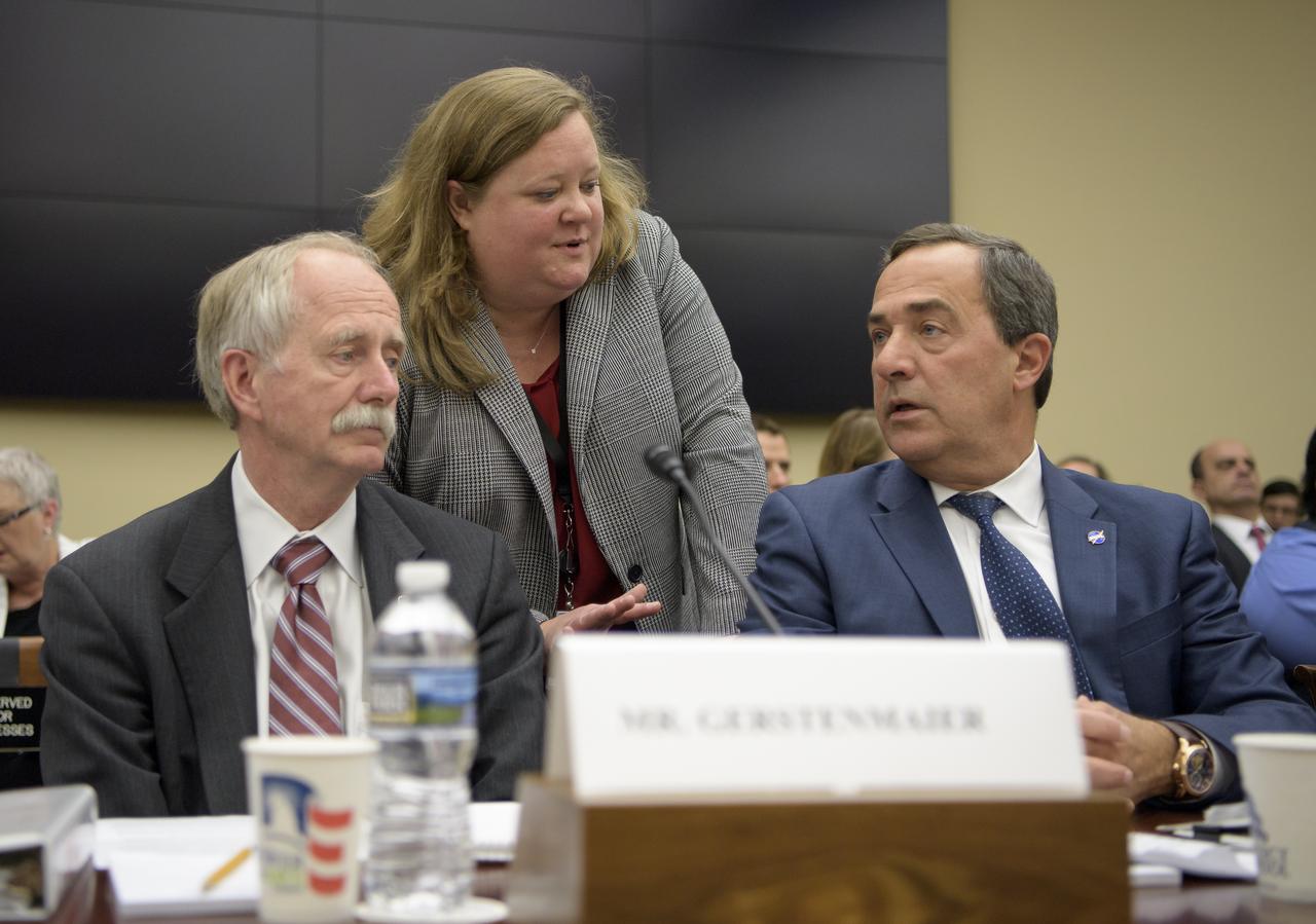 NASA Associate Administrator, Human Exploration and Operations William Gerstenmaier, left, NASA Associate Administrator for Legislative Affairs Suzanne Gillen, center, and NASA Special Assistant to the Administrator Mark Sirangelo, confer prior to the start of the House Subcommittee on Space and Aeronautics hearing titled "Keeping our sights on Mars: A Review of NASA's Deep Space Exploration Programs and Lunar Proposal", Wednesday, May 8, 2019 at the Rayburn House Office Building in Washington. Photo Credit: (NASA/Bill Ingalls)