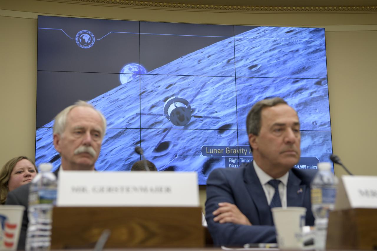 NASA Associate Administrator, Human Exploration and Operations William Gerstenmaier, left, and NASA Special Assistant to the Administrator Mark Sirangelo, watch as a video is played during the House Subcommittee on Space and Aeronautics hearing titled "Keeping our sights on Mars: A Review of NASA's Deep Space Exploration Programs and Lunar Proposal", Wednesday, May 8, 2019 at the Rayburn House Office Building in Washington. Photo Credit: (NASA/Bill Ingalls)