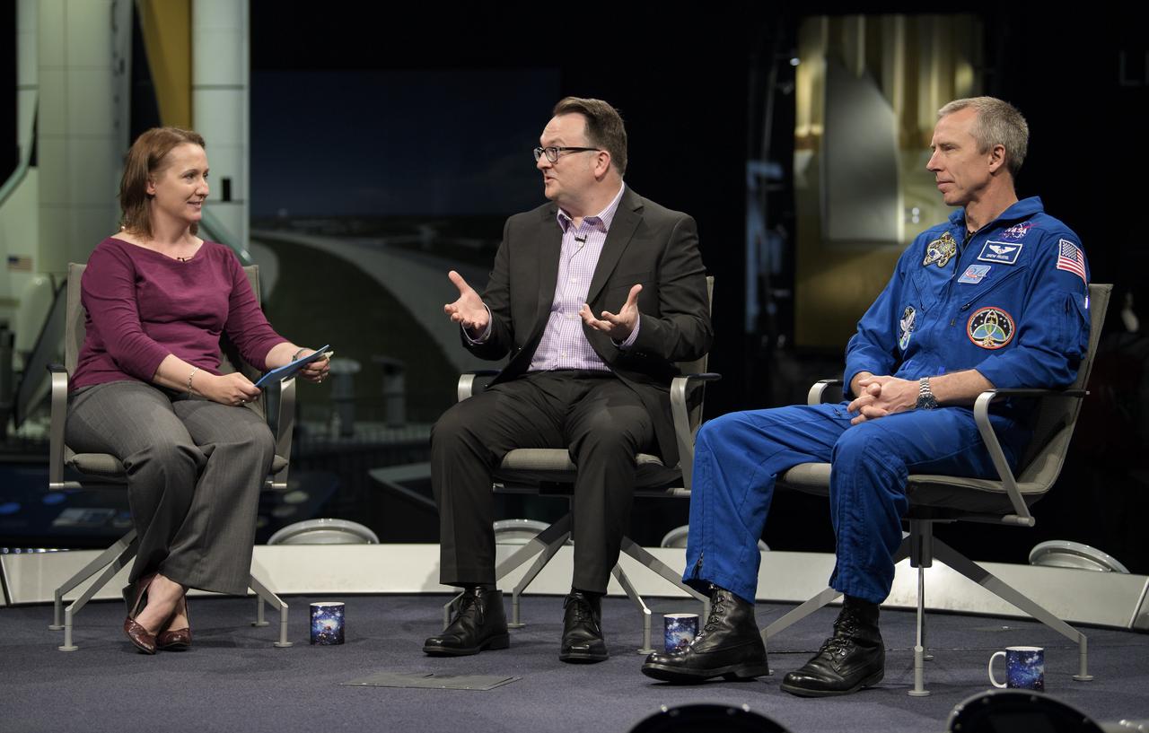 Smithsonian National Air and Space Museum curators Jennifer Levasseur, left, and Jeremy Kinney, center, speak with NASA astronaut Drew Feustel about his experiences on two space shuttle missions, STS-125 and STS-134, and a long duration mission onboard the International Space Station during “What’s New in Aerospace,” Thursday, May 9, 2019 at the Smithsonian’s National Air and Space Museum in Washington, DC. Feustel most recently spent 197 days living and working onboard the International Space Station as part of Expedition 55 and as commander of Expedition 56. Feustel ventured outside the space station on three spacewalks, moving him up to second among U.S. spacewalkers with a cumulative time of 61 hours 48 minutes over nine spacewalks. Photo Credit: (NASA/Joel Kowsky)