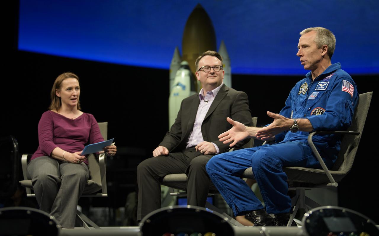 Smithsonian National Air and Space Museum curators Jennifer Levasseur, left, and Jeremy Kinney, center, speak with NASA astronaut Drew Feustel about his experiences on two space shuttle missions, STS-125 and STS-134, and a long duration mission onboard the International Space Station during “What’s New in Aerospace,” Thursday, May 9, 2019 at the Smithsonian’s National Air and Space Museum in Washington, DC. Feustel most recently spent 197 days living and working onboard the International Space Station as part of Expedition 55 and as commander of Expedition 56. Feustel ventured outside the space station on three spacewalks, moving him up to second among U.S. spacewalkers with a cumulative time of 61 hours 48 minutes over nine spacewalks. Photo Credit: (NASA/Joel Kowsky)