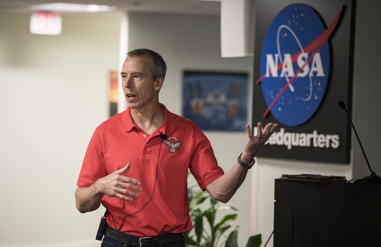 NASA astronaut Drew Feustel speaks about his experience on two space shuttle missions, STS-125 and STS-134, and a long duration mission onboard the International Space Station at NASA Headquarters, Thursday, May 9, 2019 in Washington, DC. Feustel most recently spent 197 days living and working onboard the International Space Station as part of Expedition 55 and as commander of Expedition 56. Feustel ventured outside the space station on three spacewalks, moving him up to second among U.S. spacewalkers with a cumulative time of 61 hours 48 minutes over nine spacewalks. Photo Credit: (NASA/Aubrey Gemignani)