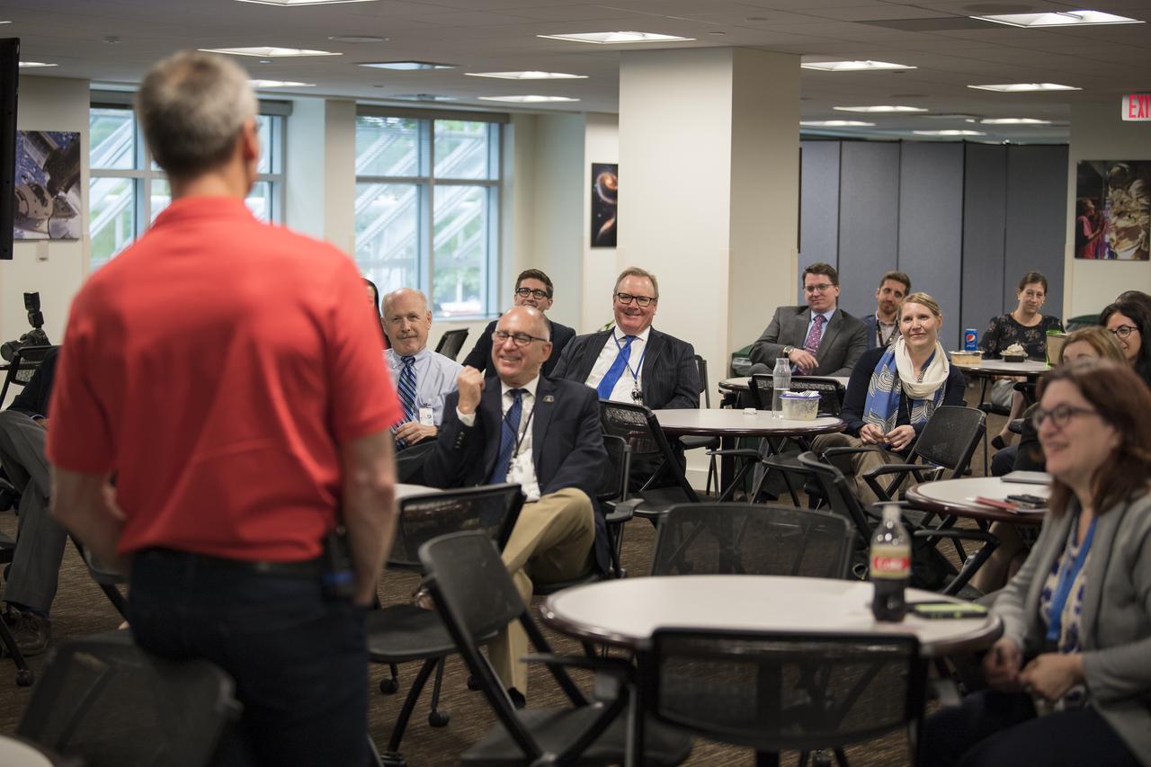 NASA astronaut Drew Feustel speaks about his experience on two space shuttle missions, STS-125 and STS-134, and a long duration mission onboard the International Space Station at NASA Headquarters, Thursday, May 9, 2019 in Washington, DC. Feustel most recently spent 197 days living and working onboard the International Space Station as part of Expedition 55 and as commander of Expedition 56. Feustel ventured outside the space station on three spacewalks, moving him up to second among U.S. spacewalkers with a cumulative time of 61 hours 48 minutes over nine spacewalks. Photo Credit: (NASA/Aubrey Gemignani)