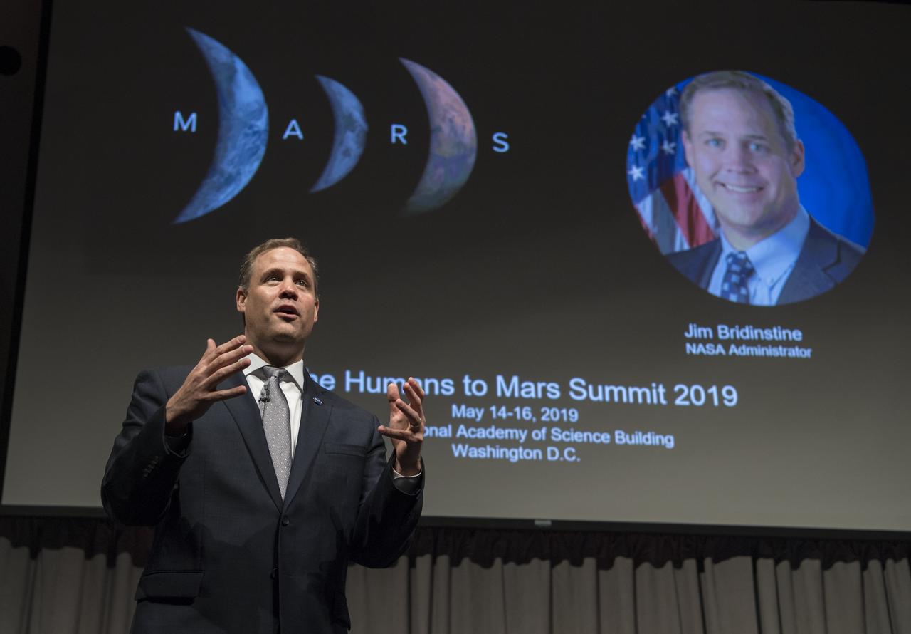 NASA Administrator Jim Bridenstine gives keynote remarks at the Humans to Mars Summit, Tuesday, May 14, 2019, at the National Academy of Sciences in Washington. Photo credit: (NASA/Aubrey Gemignani)