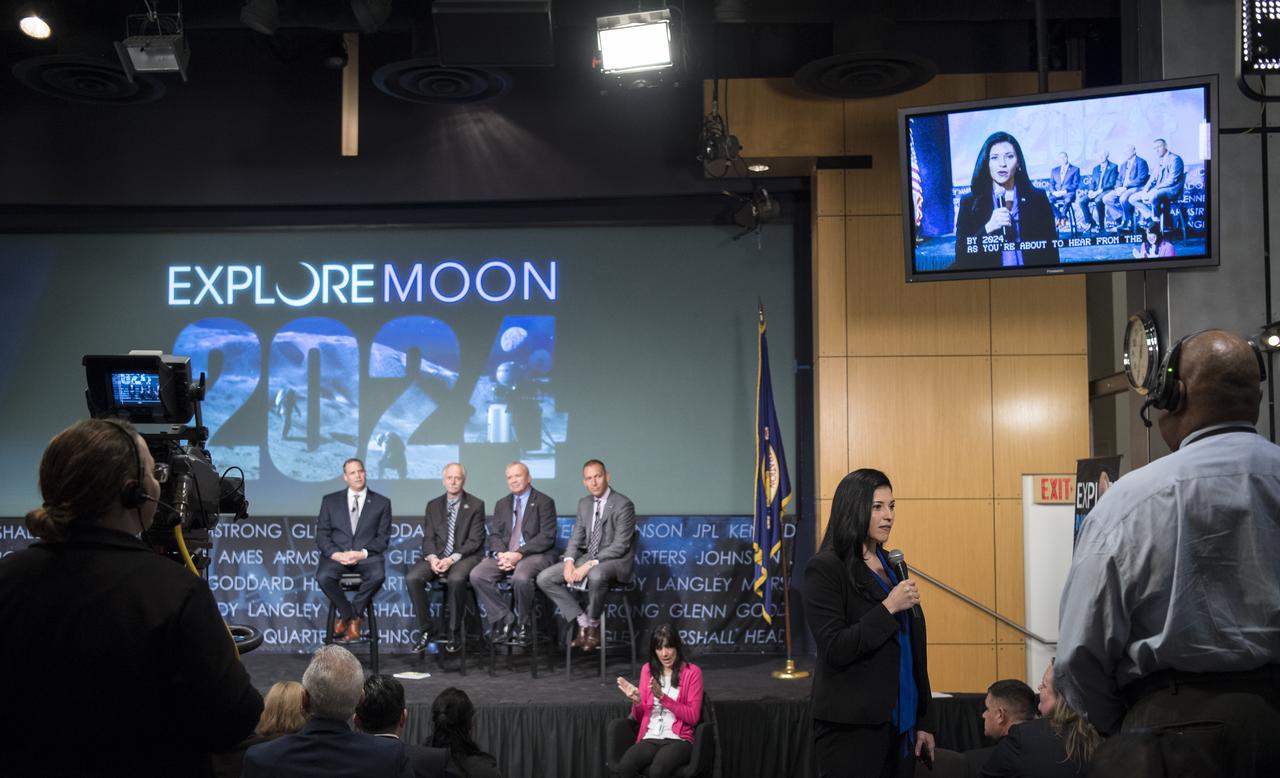 NASA Associate Administrator for the Office of Communications Bettina Inclán moderates a NASA town hall on the amendment to the fiscal year 2020 budget request that supports the agency’s plan to land astronauts on the Moon by 2024, Tuesday, May 14, 2019 at NASA Headquarters in Washington, DC. Photo Credit: (NASA/Joel Kowsky)