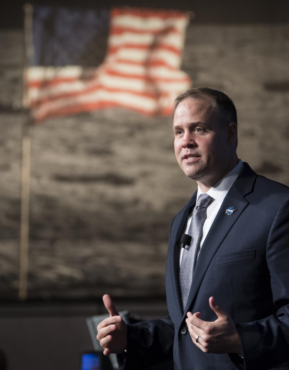 NASA Administrator Jim Bridenstine delivers opening remarks during a NASA town hall on the amendment to the fiscal year 2020 budget request that supports the agency’s plan to land astronauts on the Moon by 2024, Tuesday, May 14, 2019 at NASA Headquarters in Washington, DC. Photo Credit: (NASA/Joel Kowsky)