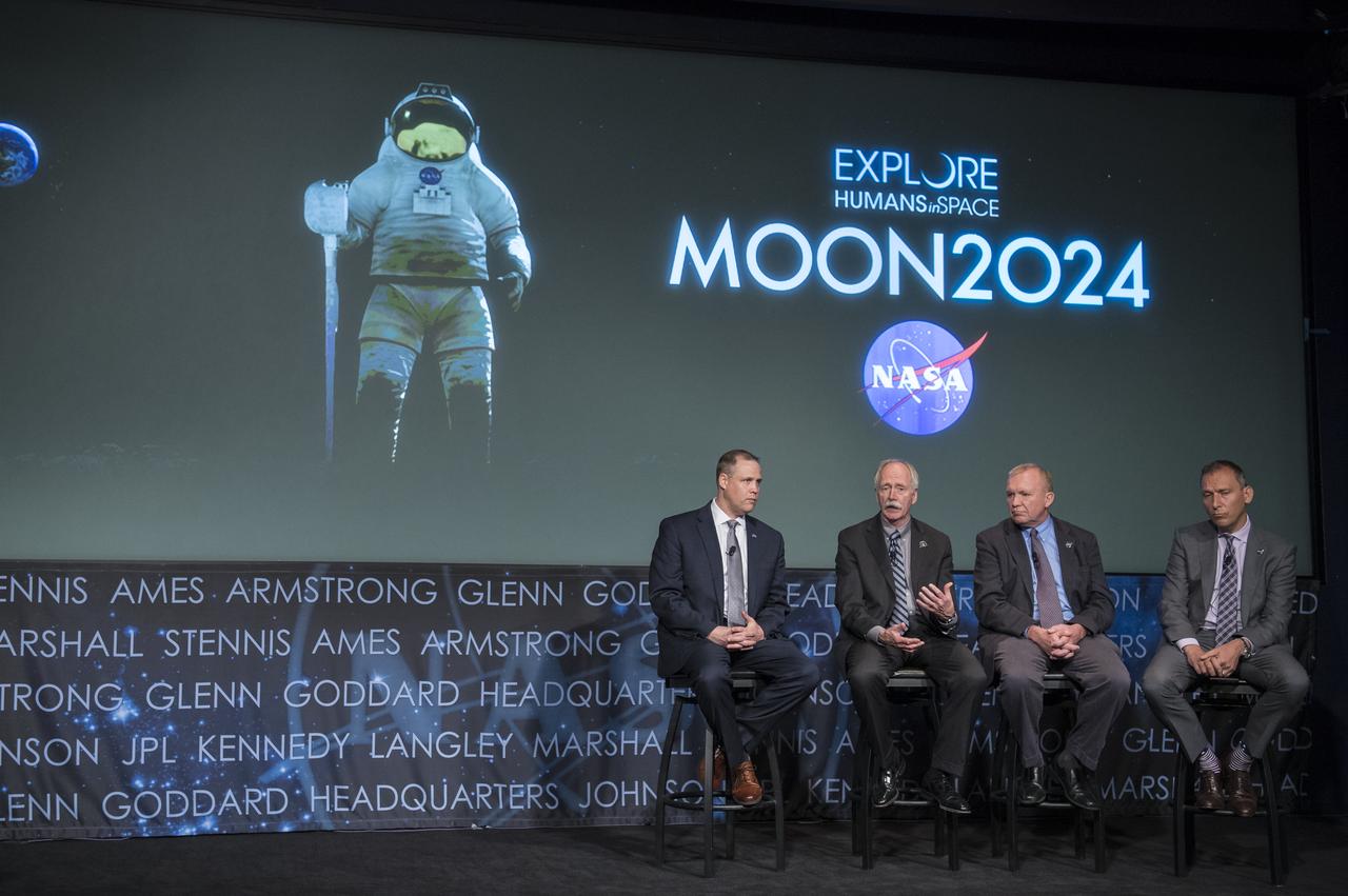 NASA Administrator Jim Bridenstine, left, NASA Associate Administrator for Human Exploration and Operations William Gerstenmaier, second from left, acting Associate Administrator for NASA's Space Technology Mission Directorate, second from right, acting Associate Administrator for NASA's Science Mission Directorate Thomas Zurbuchen, right, are seen during a NASA town hall on the amendment to the fiscal year 2020 budget request that supports the agency’s plan to land astronauts on the Moon by 2024, Tuesday, May 14, 2019 at NASA Headquarters in Washington, DC. Photo Credit: (NASA/Joel Kowsky)