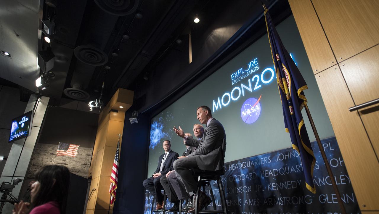 Associate Administrator for NASA's Science Mission Directorate Thomas Zurbuchen is seen during a NASA town hall on the amendment to the fiscal year 2020 budget request that supports the agency’s plan to land astronauts on the Moon by 2024, Tuesday, May 14, 2019 at NASA Headquarters in Washington, DC. Photo Credit: (NASA/Joel Kowsky)