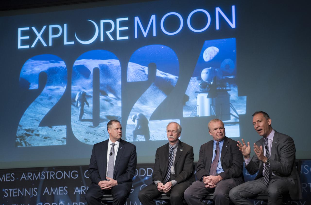 NASA Administrator Jim Bridenstine, left, NASA Associate Administrator for Human Exploration and Operations William Gerstenmaier, second from left, acting Associate Administrator for NASA's Space Technology Mission Directorate, second from right, acting Associate Administrator for NASA's Science Mission Directorate Thomas Zurbuchen, right, are seen during a NASA town hall on the amendment to the fiscal year 2020 budget request that supports the agency’s plan to land astronauts on the Moon by 2024, Tuesday, May 14, 2019 at NASA Headquarters in Washington, DC. Photo Credit: (NASA/Joel Kowsky)