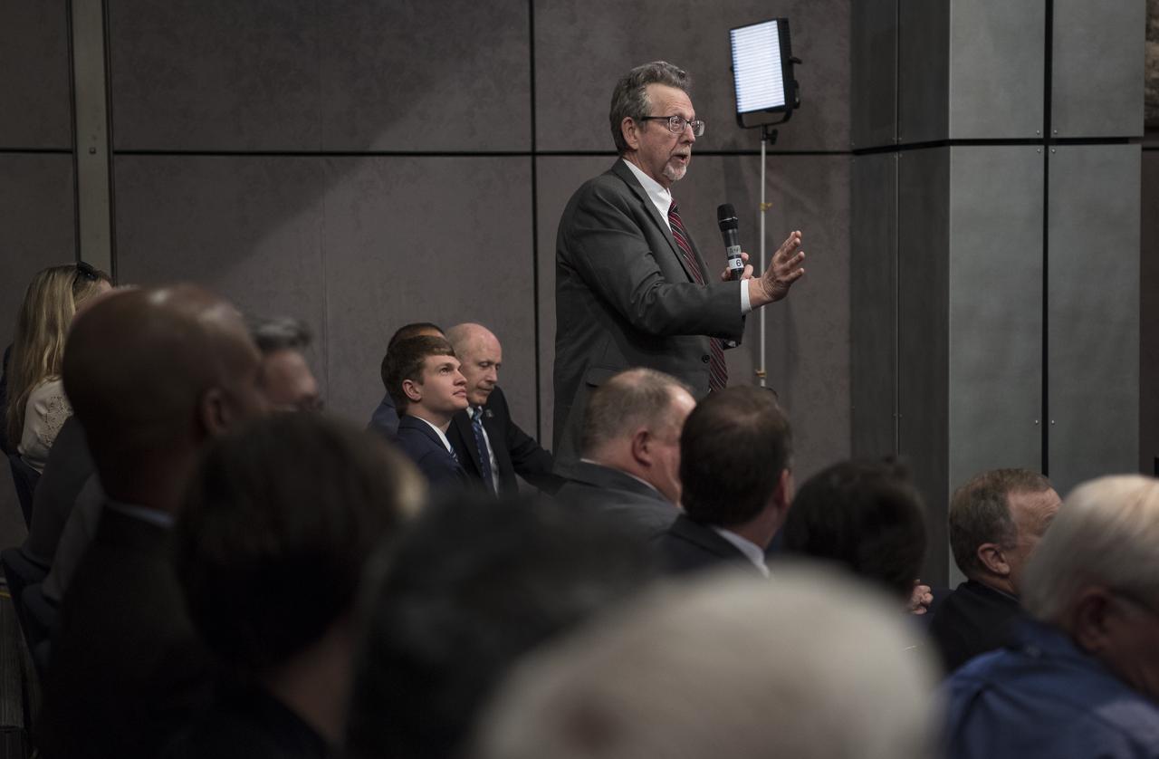 NASA Chief Scientist Jim Green asks a question during a NASA town hall on the amendment to the fiscal year 2020 budget request that supports the agency’s plan to land astronauts on the Moon by 2024, Tuesday, May 14, 2019 at NASA Headquarters in Washington, DC. Photo Credit: (NASA/Joel Kowsky)