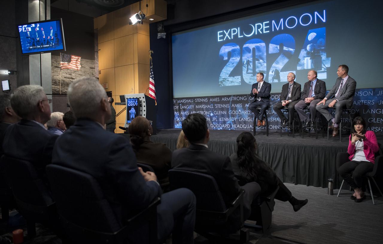 NASA Administrator Jim Bridenstine, left, NASA Associate Administrator for Human Exploration and Operations William Gerstenmaier, second from left, acting Associate Administrator for NASA's Space Technology Mission Directorate, second from right, acting Associate Administrator for NASA's Science Mission Directorate Thomas Zurbuchen, right, are seen as they answer questions during a NASA town hall on the amendment to the fiscal year 2020 budget request that supports the agency’s plan to land astronauts on the Moon by 2024, Tuesday, May 14, 2019 at NASA Headquarters in Washington, DC. Photo Credit: (NASA/Joel Kowsky)