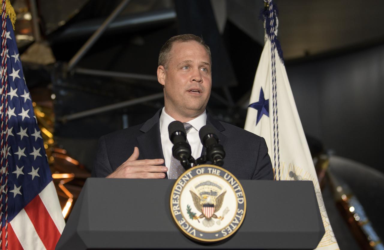 NASA Administrator Jim Bridenstine gives remarks at the premiere of the film "Apollo 11: First Steps Edition", Tuesday, May 14, 2019 at the Smithsonian's National Air and Space Museum in Washington. Photo Credit: (NASA/Bill Ingalls)