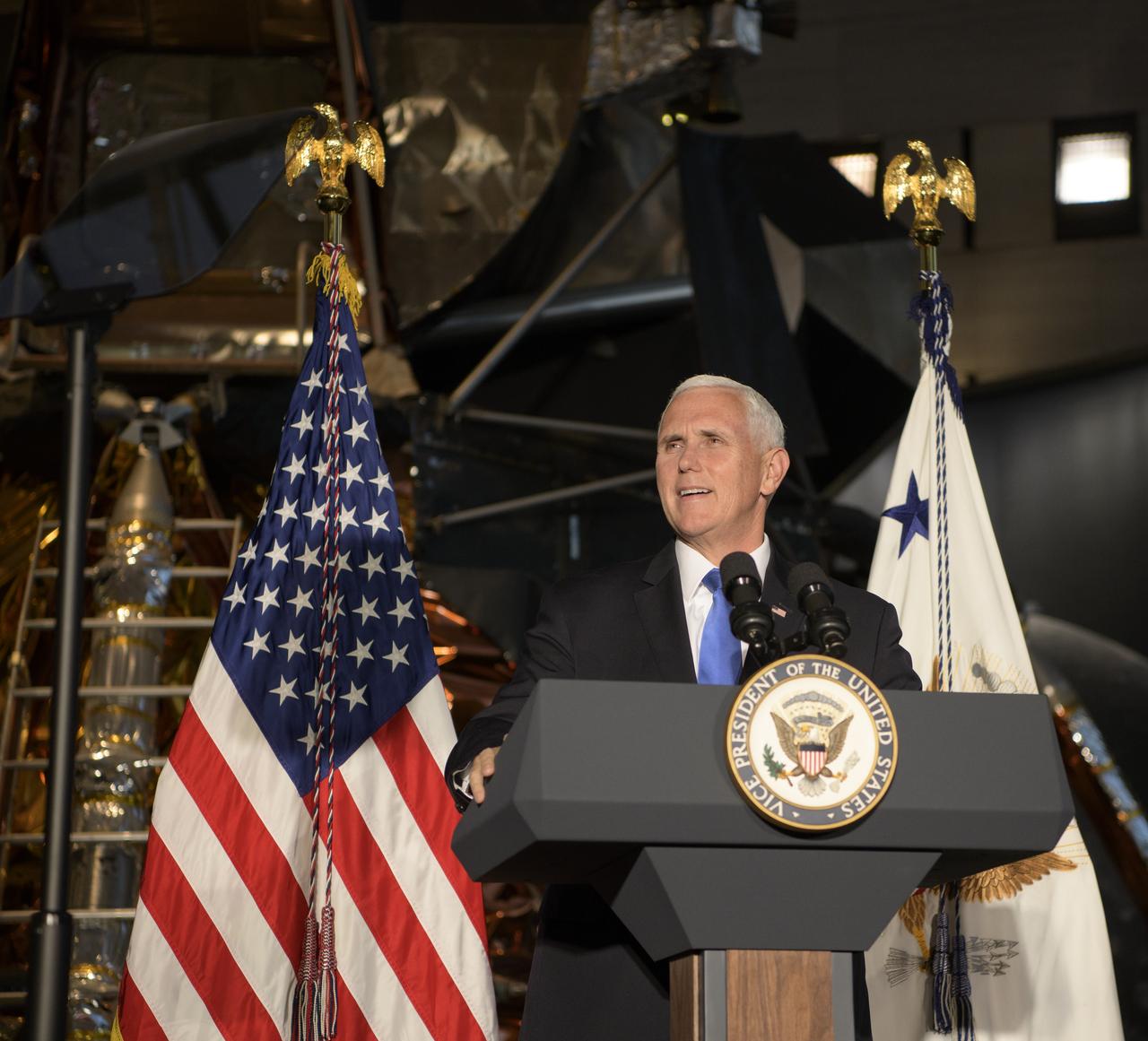 Vice President of the United States Mike Pence gives remarks at the premiere of the film "Apollo 11: First Steps Edition", Tuesday, May 14, 2019 at the Smithsonian's National Air and Space Museum in Washington. Photo Credit: (NASA/Bill Ingalls)