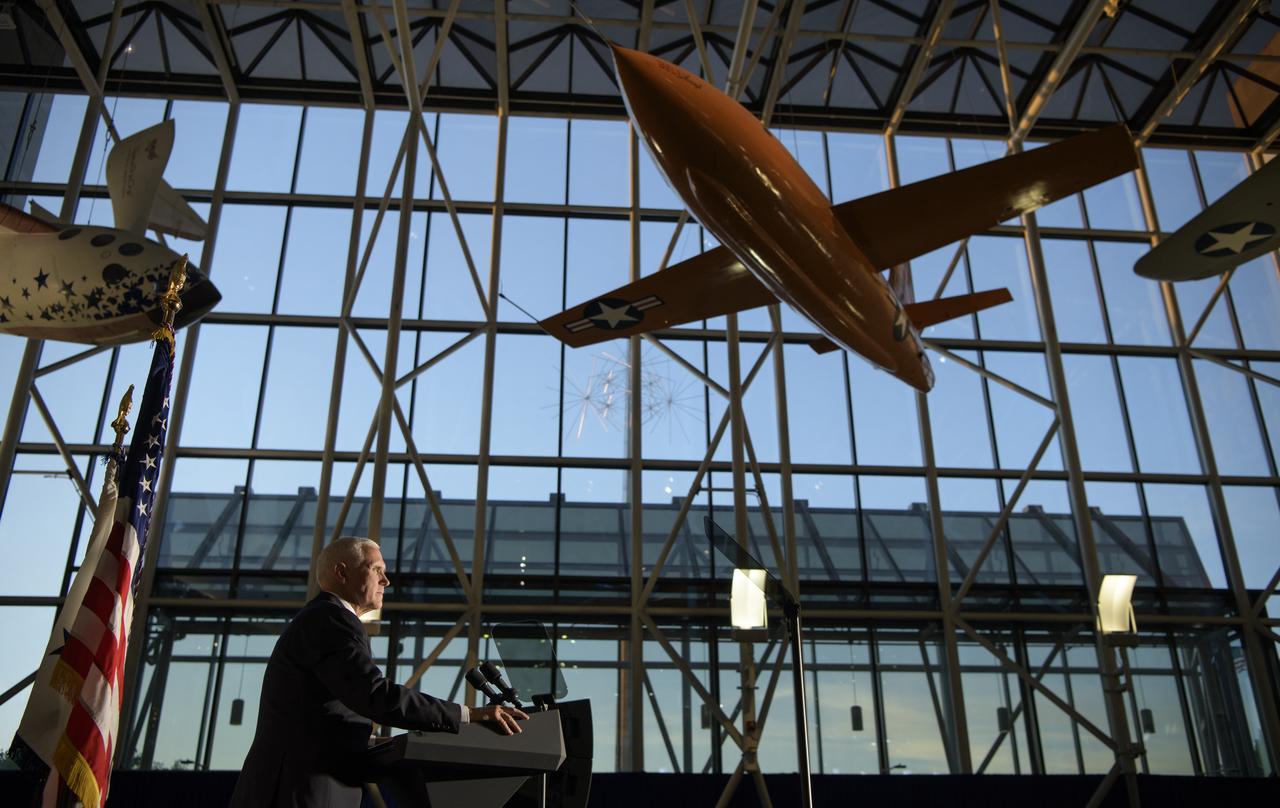 Vice President of the United States Mike Pence gives remarks at the premiere of the film "Apollo 11: First Steps Edition", Tuesday, May 14, 2019 at the Smithsonian's National Air and Space Museum in Washington. Photo Credit: (NASA/Bill Ingalls)