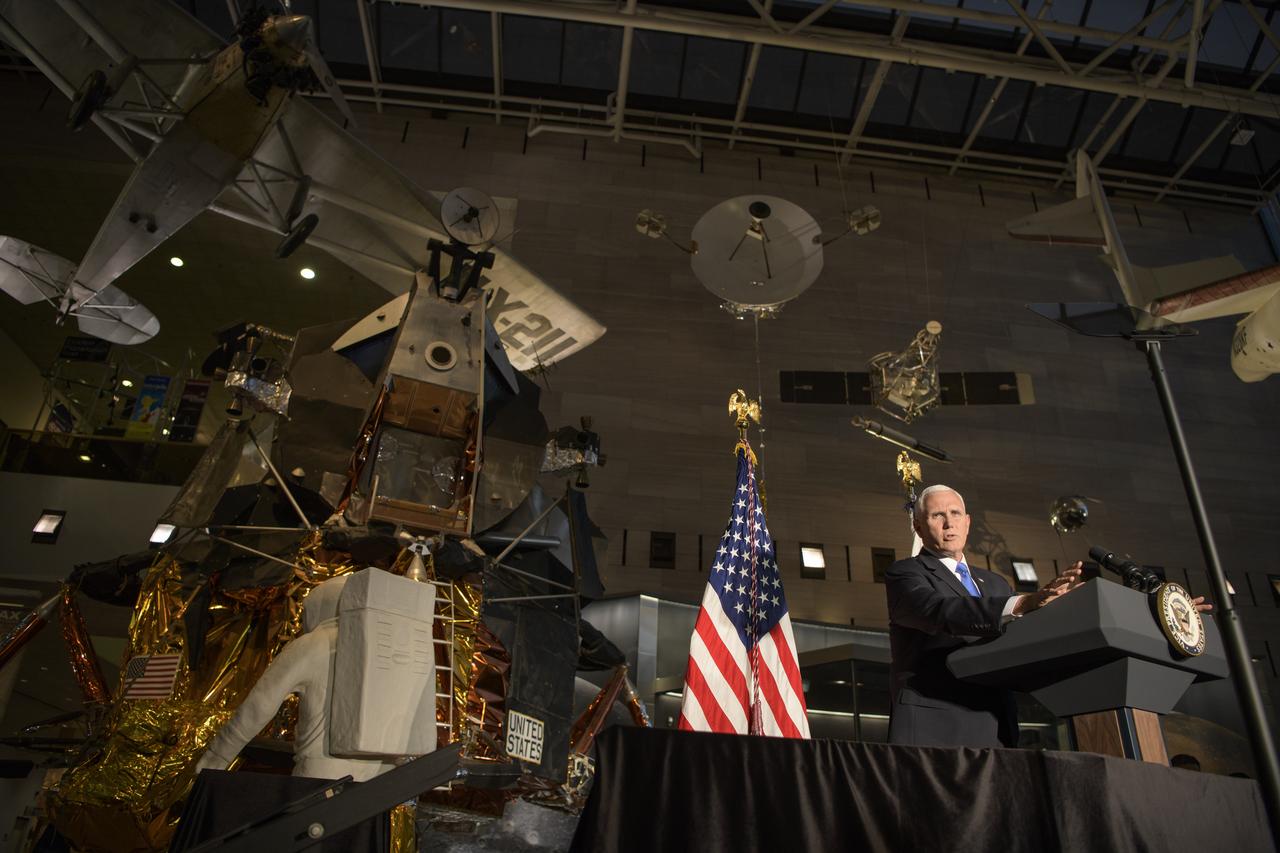 Vice President of the United States Mike Pence gives remarks at the premiere of the film "Apollo 11: First Steps Edition", Tuesday, May 14, 2019 at the Smithsonian's National Air and Space Museum in Washington. Photo Credit: (NASA/Bill Ingalls)